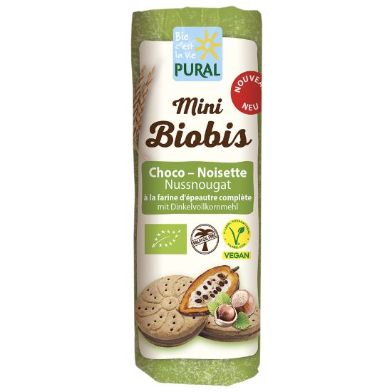 Mini Biobis μπισκότα Ντίνκελ με κακ΄άο και κρέμα φουντουκιού (85gr)